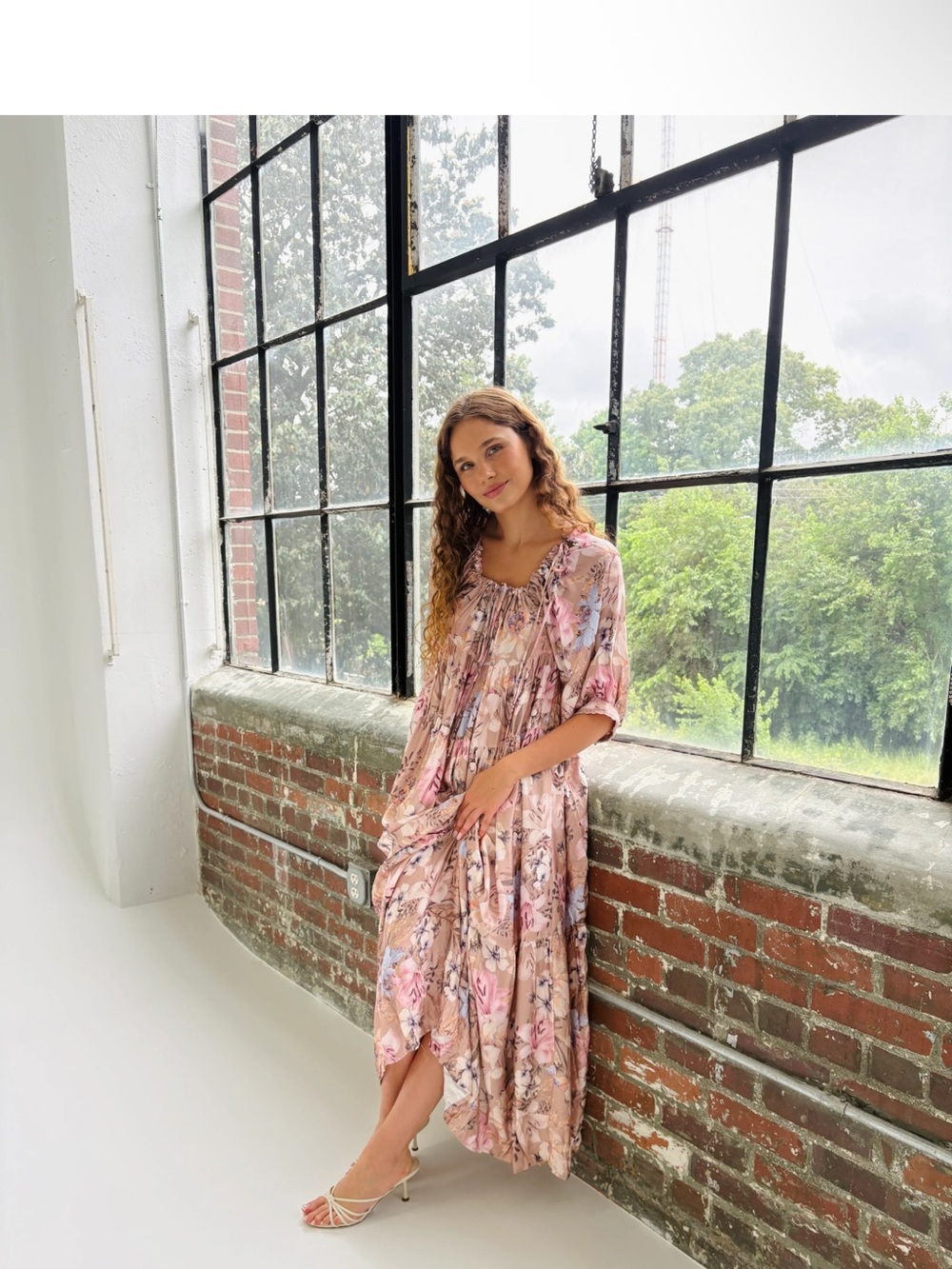 Bohemian Pink Floral Maxi Dress with Smocked Neckline